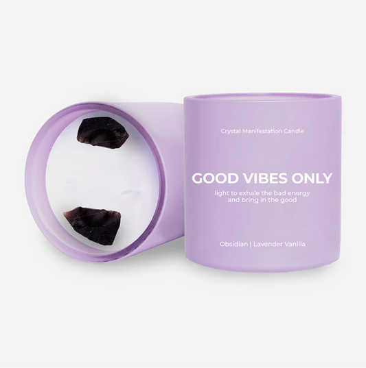 Good Vibes Only Crystal Manifestation Candle - Lavender Vanilla with Obsidian