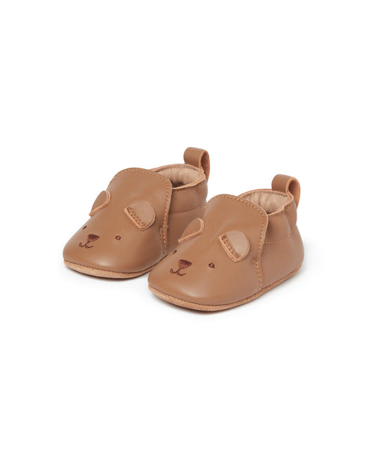 Tan Bear Leather Pull On Slippers