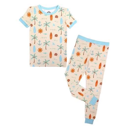 Chasing Waves Surfboard Two-Piece Bamboo Short Sleeve Kids Pajama Pants Set