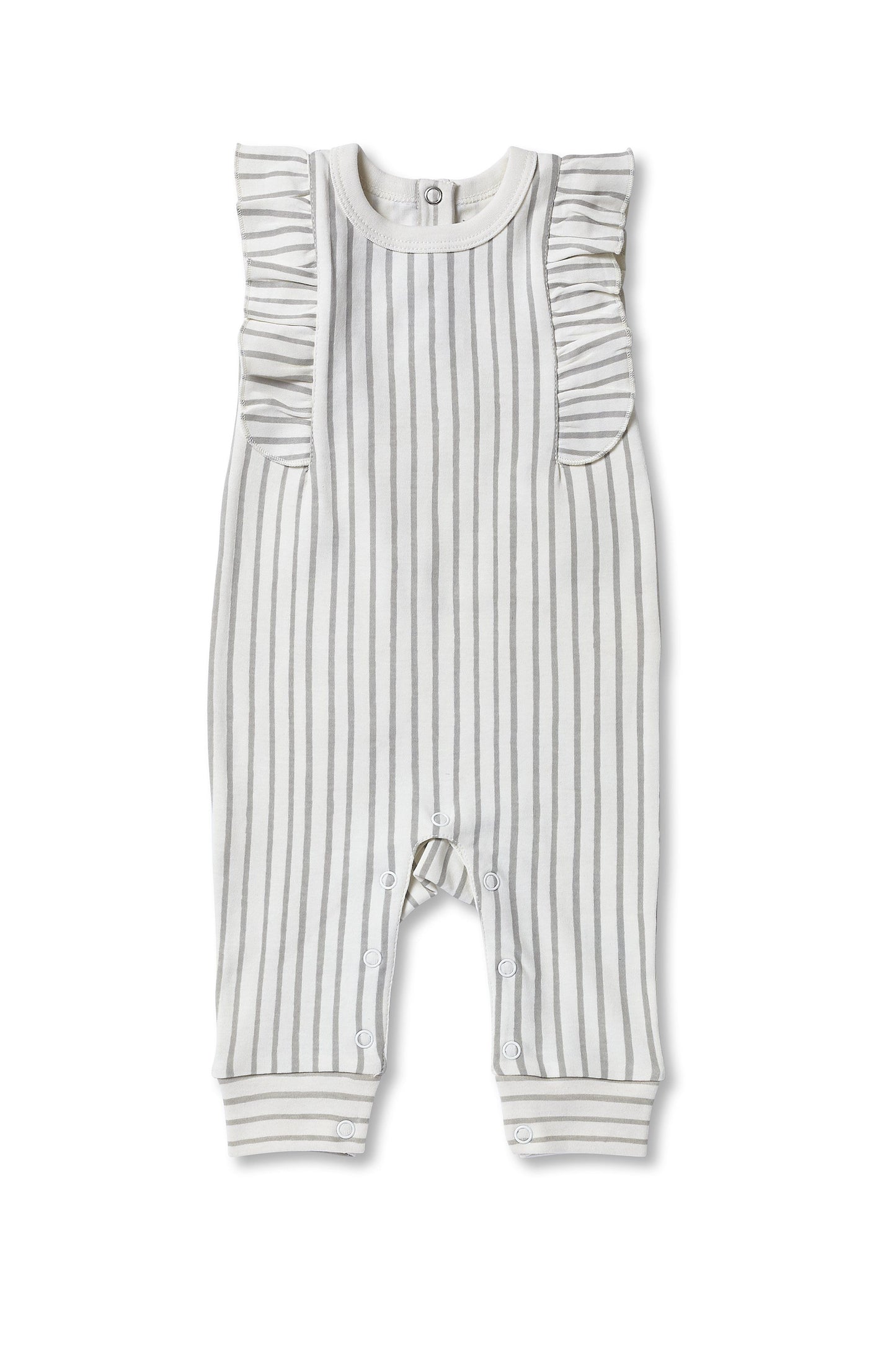 Stripes Away Romper with Ruffle - Pebble Gray