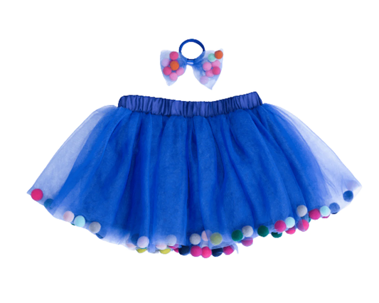 Blue Pom Pom Tutu and Bow Hair Tie Set