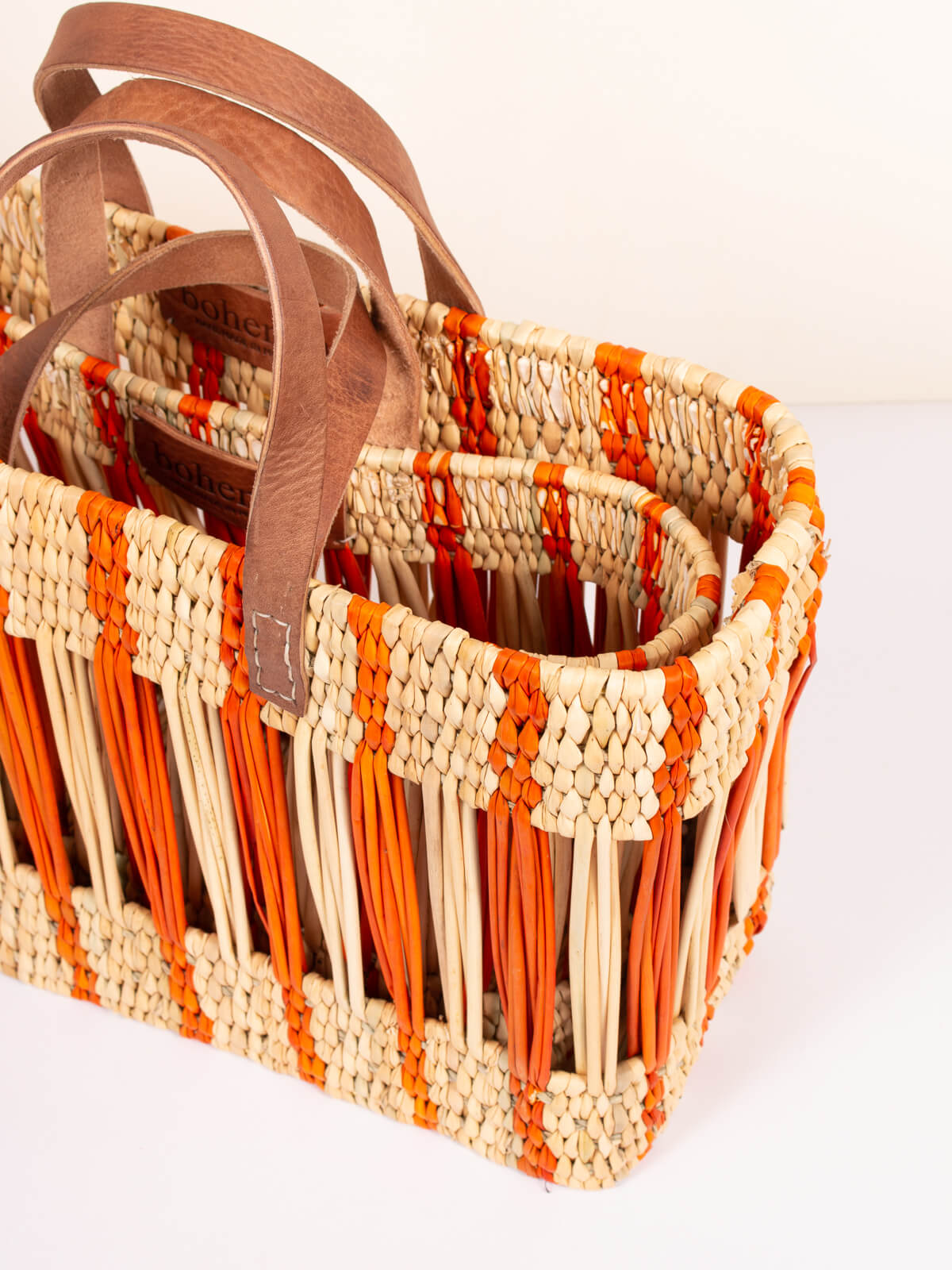 Decorative Reed Basket, Orange Stripe - Set of 2