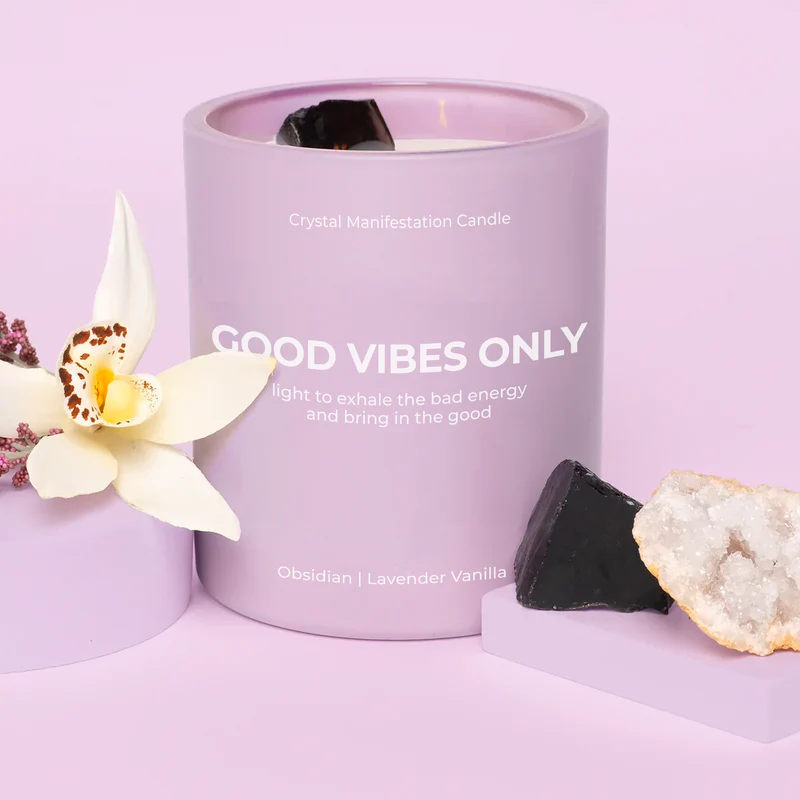 Good Vibes Only Crystal Manifestation Candle - Lavender Vanilla with Obsidian