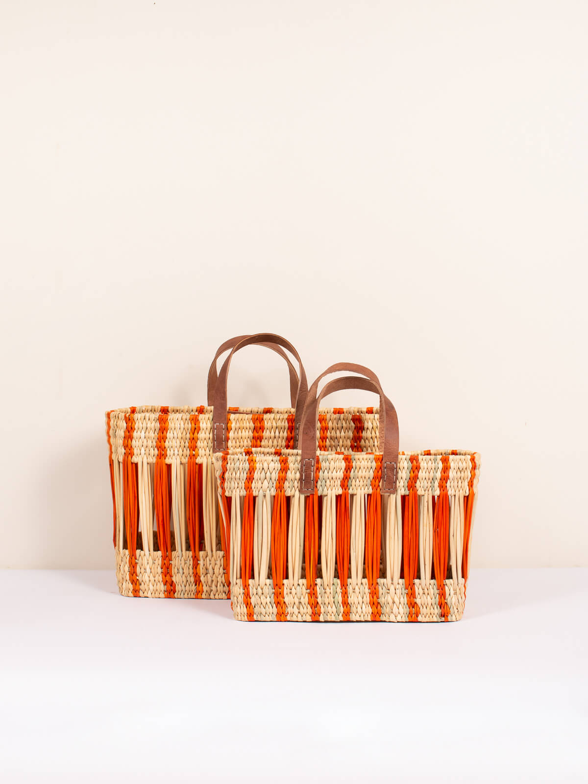 Decorative Reed Basket, Orange Stripe - Set of 2